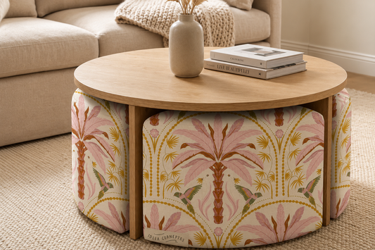 Pink Palm Table & 4 Poufs